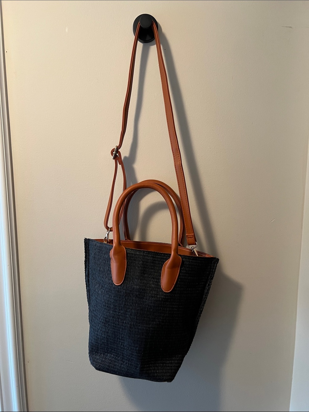 Black Woven Tote with Tan Leather Handles and Adjustable Strap